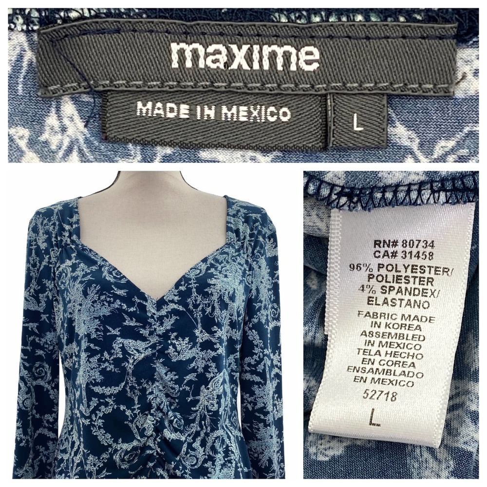 MAXIME Navy Blue Floral Long Sleeve Top Size Large - Picture 13 of 13